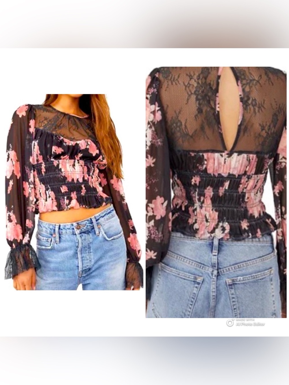 NWT Free People Daphne Blouse Midnight Combo Floral Lace Top XS